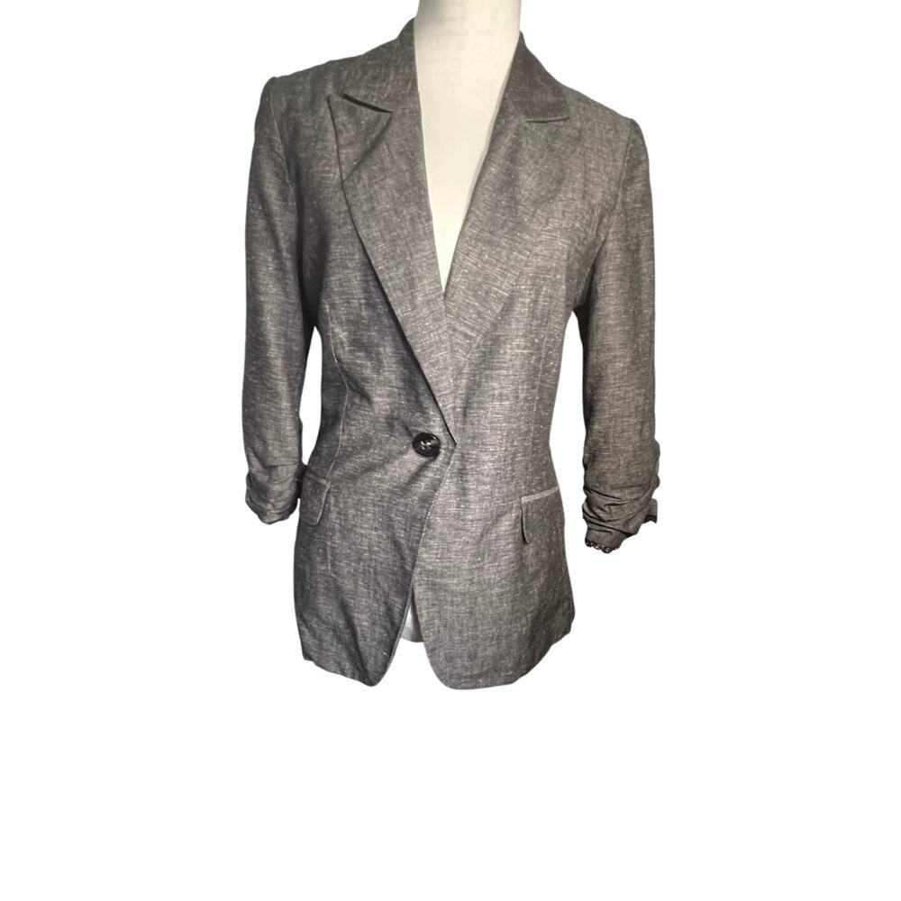 Stoosh juniors size L single button lace ruched‎ sleeves silver gray Blazer